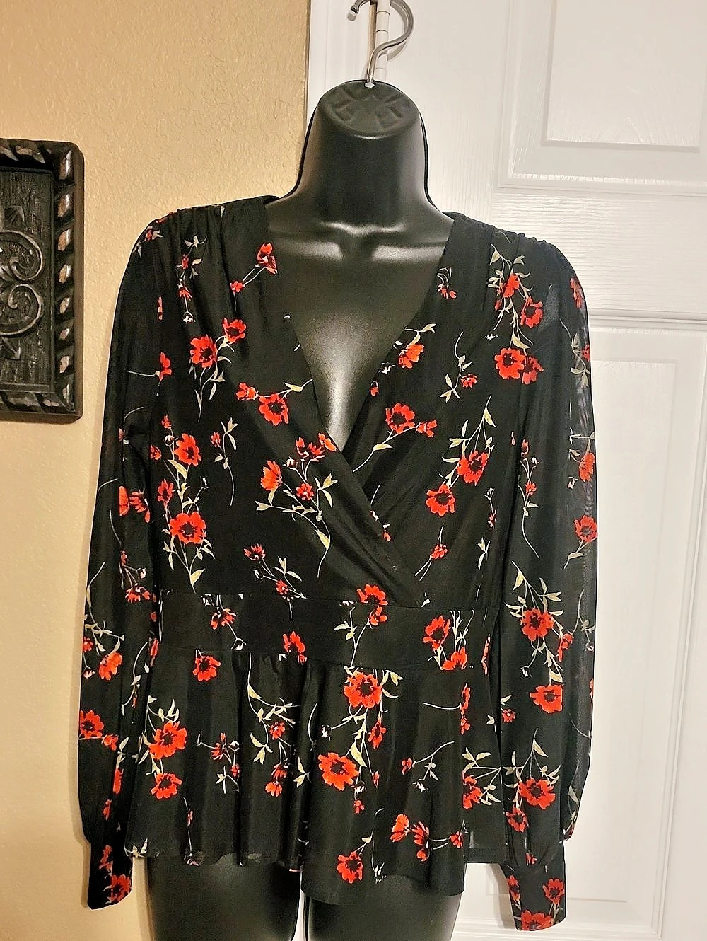 Floral Long Sleeve Blouse in Black & Red